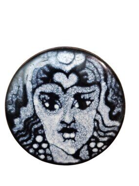 Vintage Handmade Enamel Art Brooch Woman Portrait Black White Round Pin...